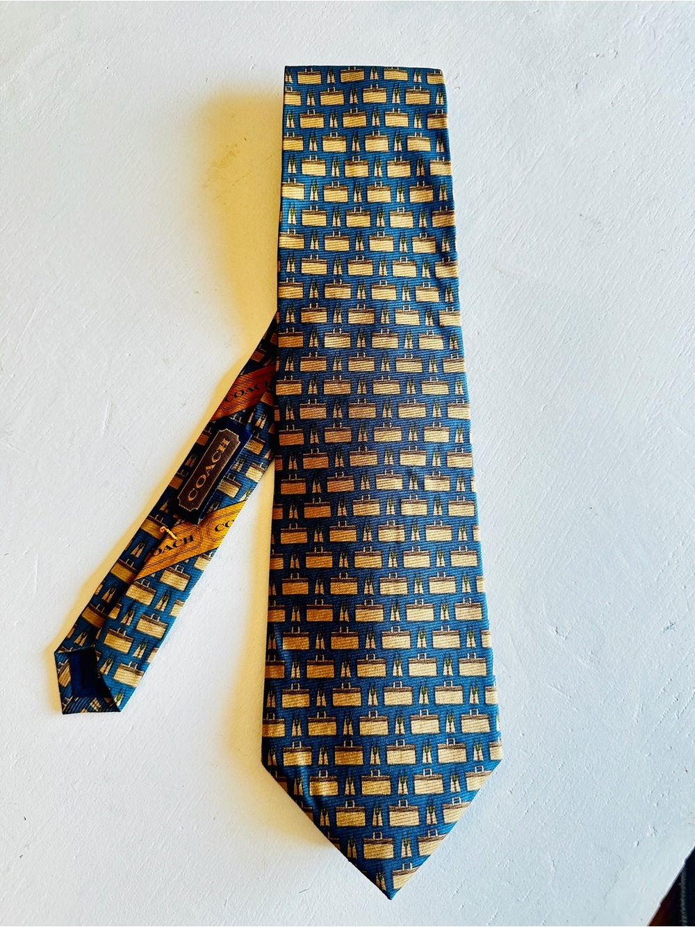 COACH Men's Blue and Gold Patterned Silk Tie